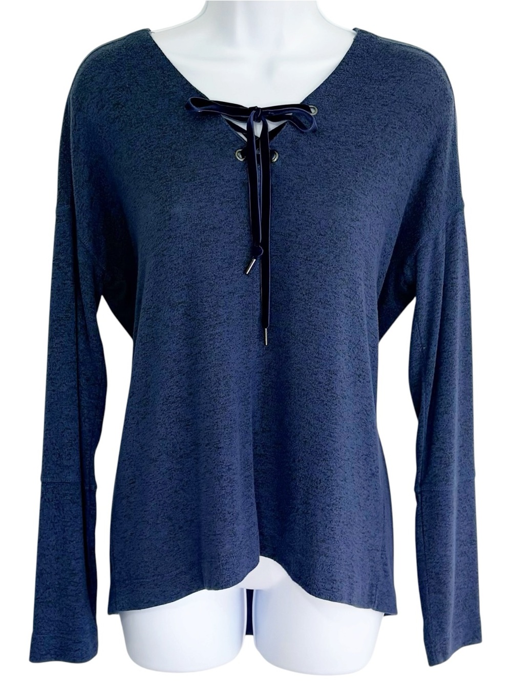 RAILS Leigh Lace Up Long Sleeve Knit Top Melange Navy Blue Size Small